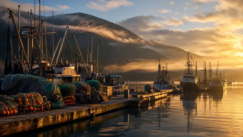 Fishing boats moored at a working harbor dock with nets and floats at dawn, How to Start a Seafood Processing Business in Alaska