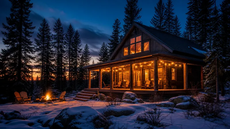 Small timber cabin with a porch and string lights among spruce trees at dusk, Alaska Short-Term Rental Laws