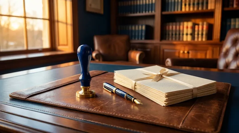 Embossing seal, pen and documents on a desk, Alaska Apostille