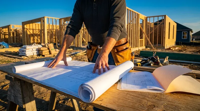 Contractor reviewing blueprints at a jobsite, How to Start a General Contractor Business in Alaska